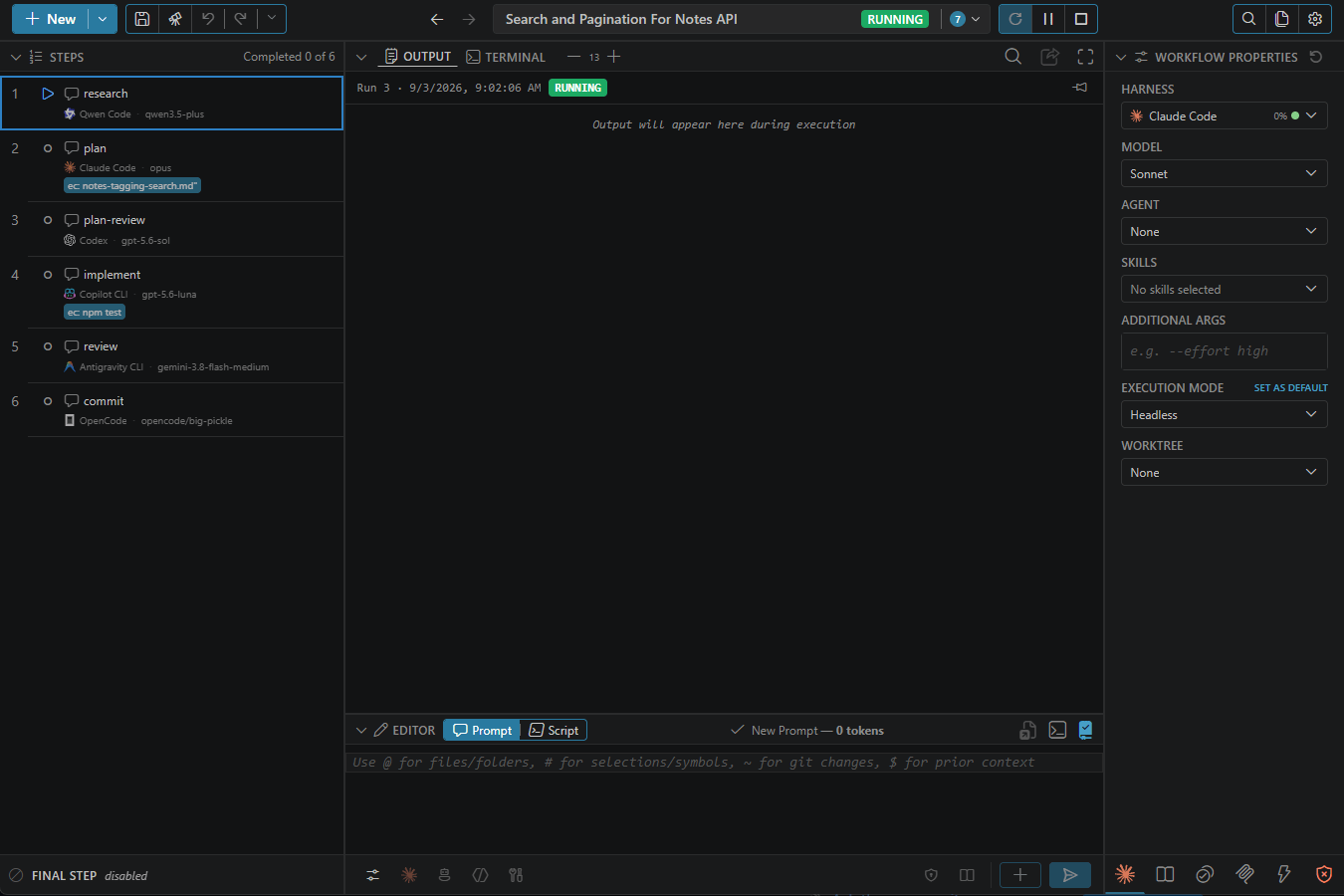 ctrlyoke running a multi-step workflow across several AI harnesses, with live output and the output minimap