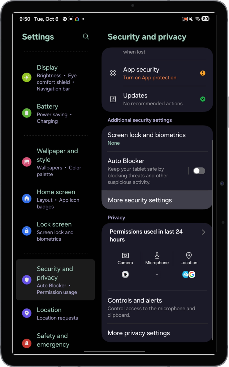 Security and privacy settings with More security settings at the bottom
