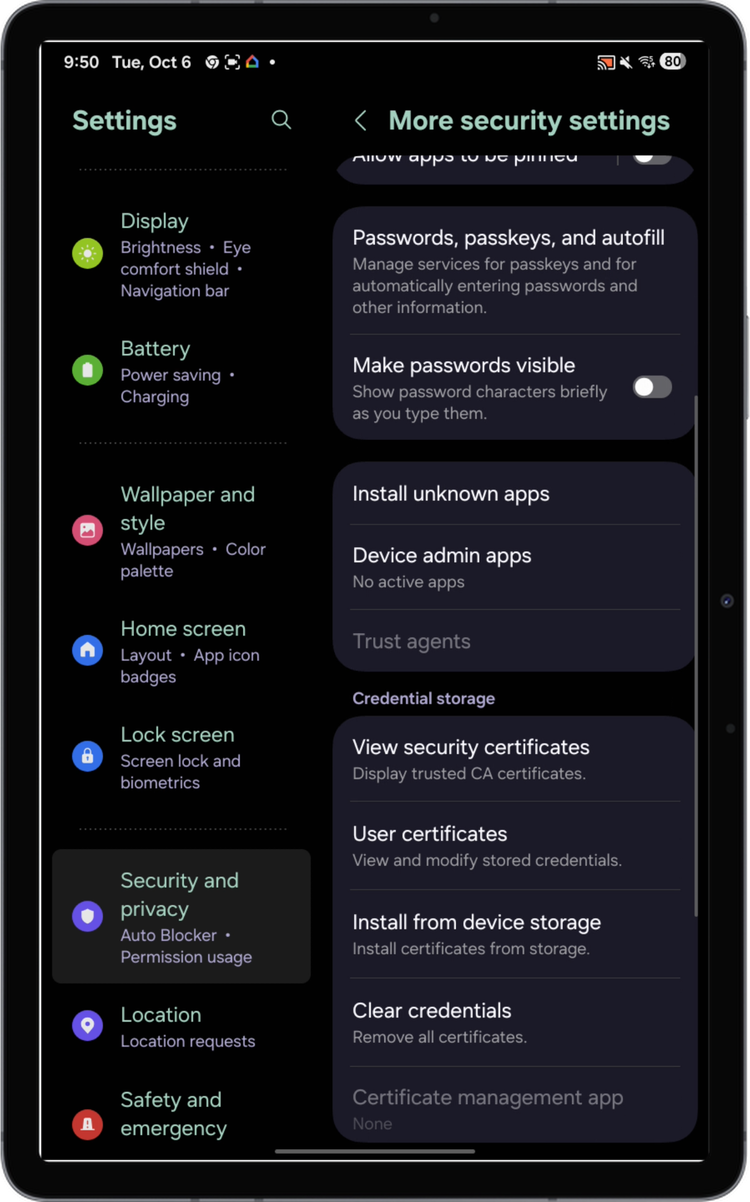 More security settings with Install from device storage under Credential storage