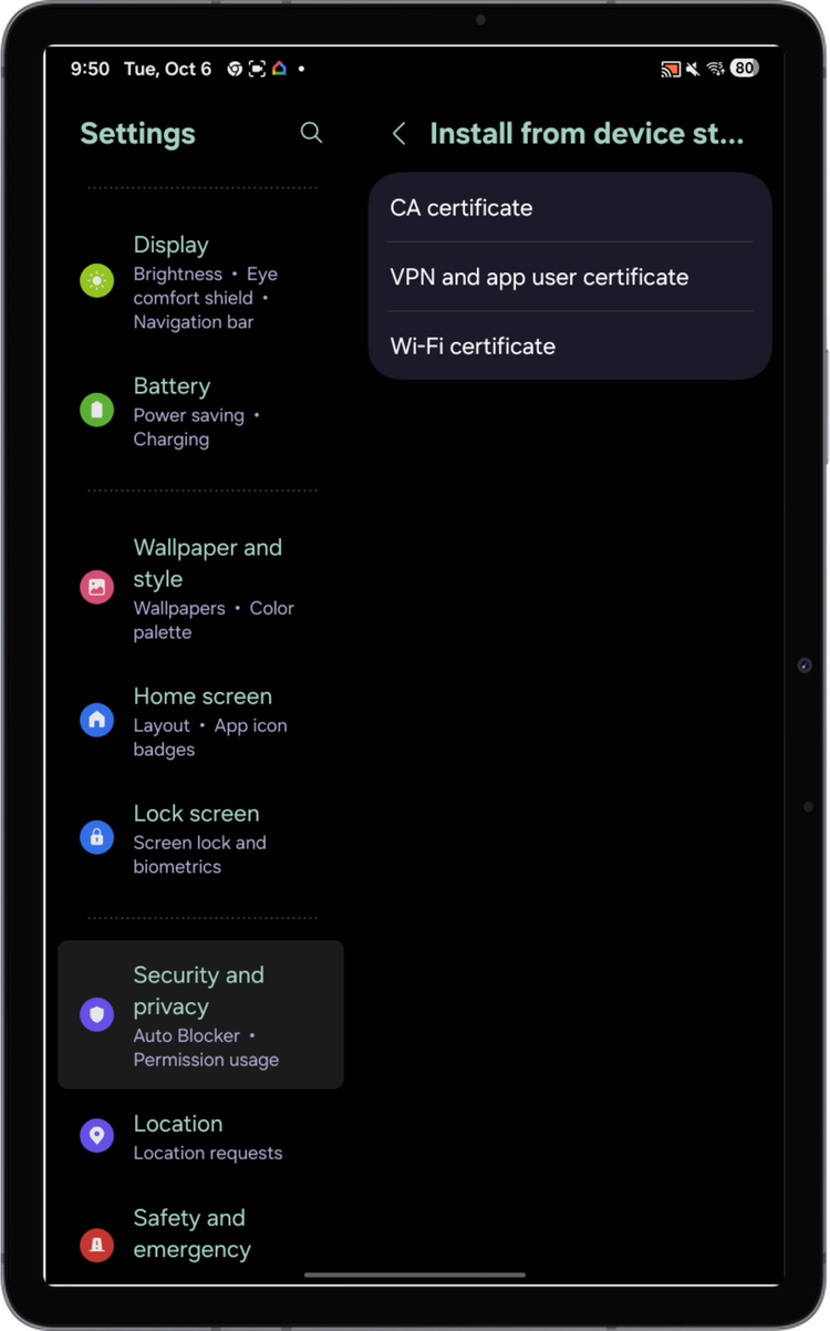 Install from device storage with CA certificate at the top