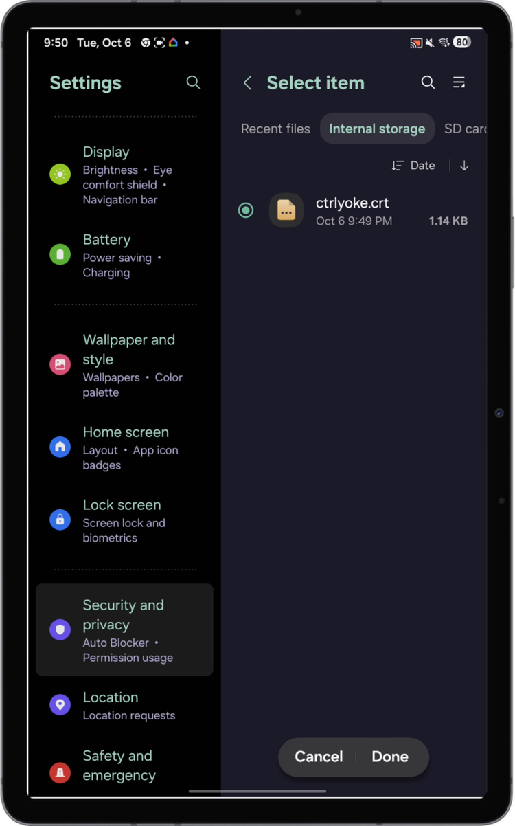 File picker with ctrlyoke.crt selected and the Done button