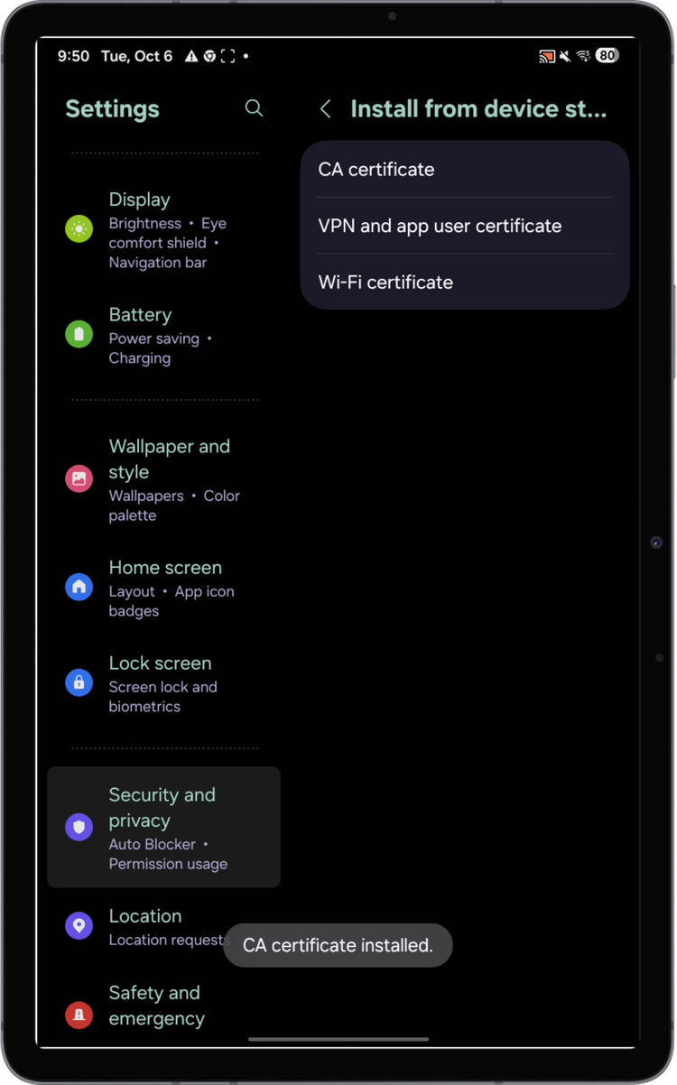CA certificate installed message