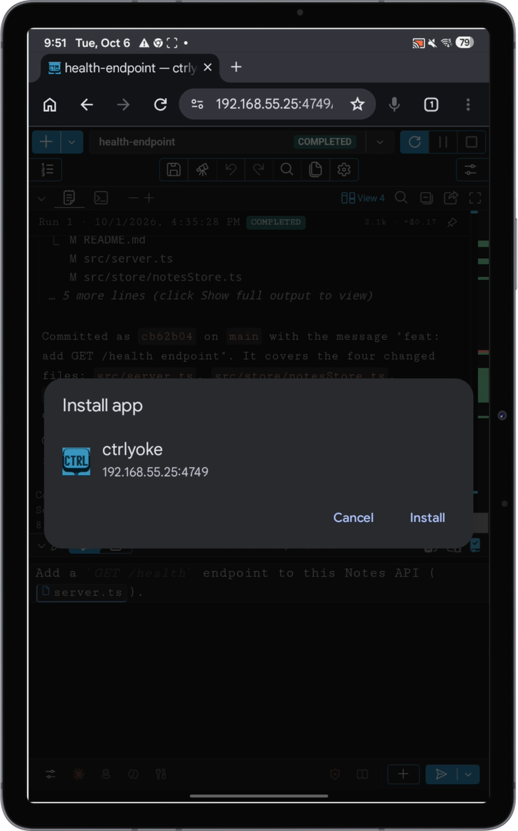 Install app dialog for ctrlyoke with an Install button