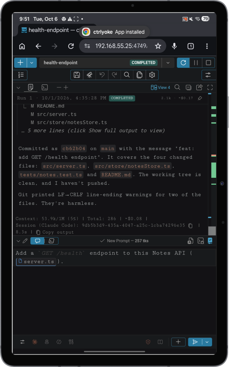 Chrome's ctrlyoke App installed message