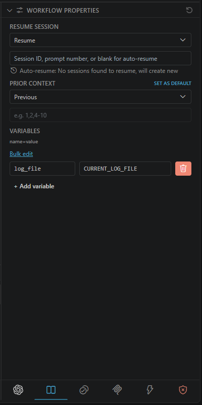 Context tab with Resume Session, Prior Context, and a workflow variable
