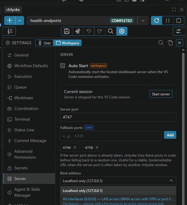 The Server tab with the Bind address list open on All interfaces