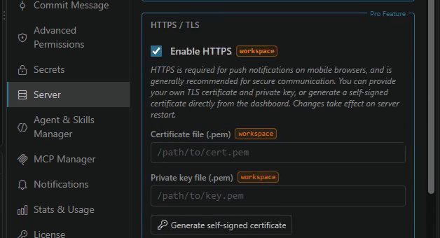 HTTPS / TLS settings with Enable HTTPS turned on