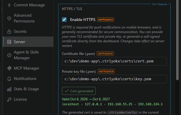 A generated certificate listing localhost, 127.0.0.1, and the computer's network addresses