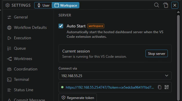 The server running, with the Connect via address and the server link
