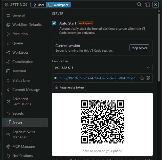 The Server tab with the server running: Auto Start, Stop server, the Connect via address, the server link with its copy and QR code buttons, Regenerate token, and the QR code