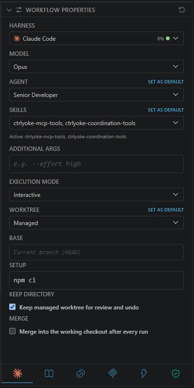Harness tab with a managed worktree, showing Base, Setup, Keep directory, and Merge