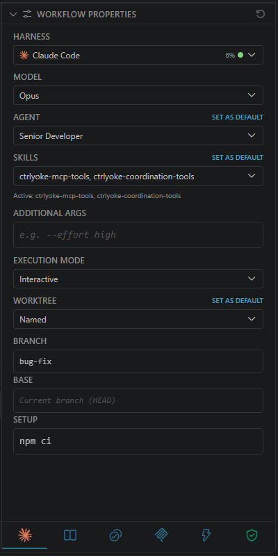 Harness tab with a named worktree on the bug-fix branch
