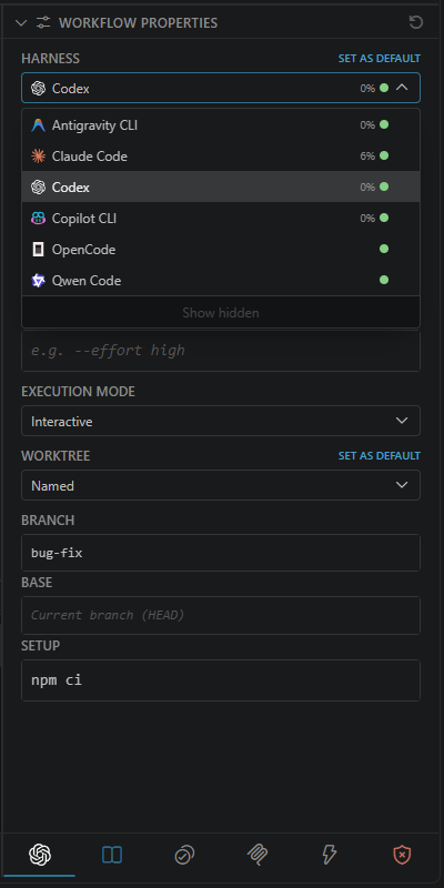 Harness tab with the harness picker open, listing all six harnesses