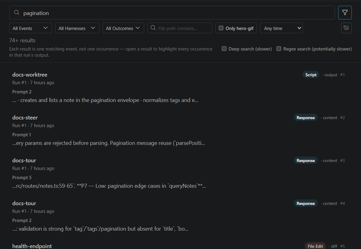 The Search History drawer searching for "pagination", with the filter row open showing All Events, All Harnesses, All Outcomes, a File path contains box, an Only hero-gif checkbox and Any time. Below it, "74+ results", the Deep search and Regex search checkboxes, and results from docs-worktree, docs-steer, docs-tour and health-endpoint, each with a Script, Response or File Edit badge