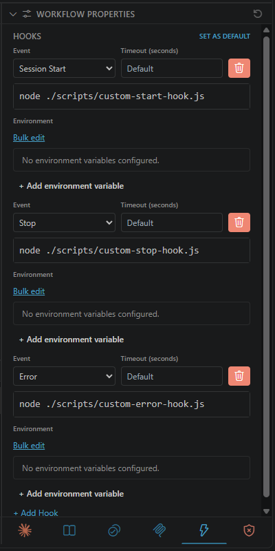 Hooks tab with Session Start, Stop, and Error hooks that run node scripts