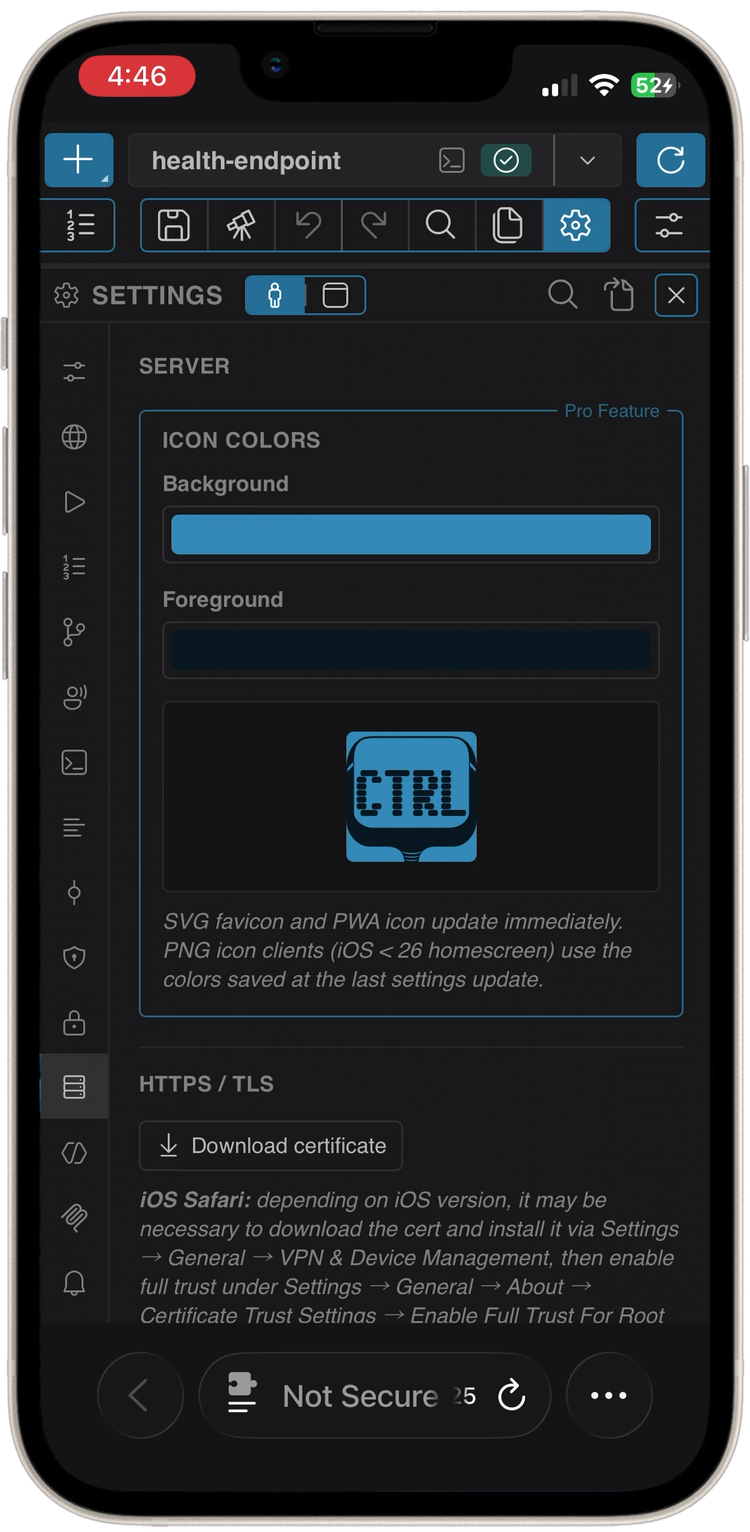 ctrlyoke Server settings with the Download certificate button