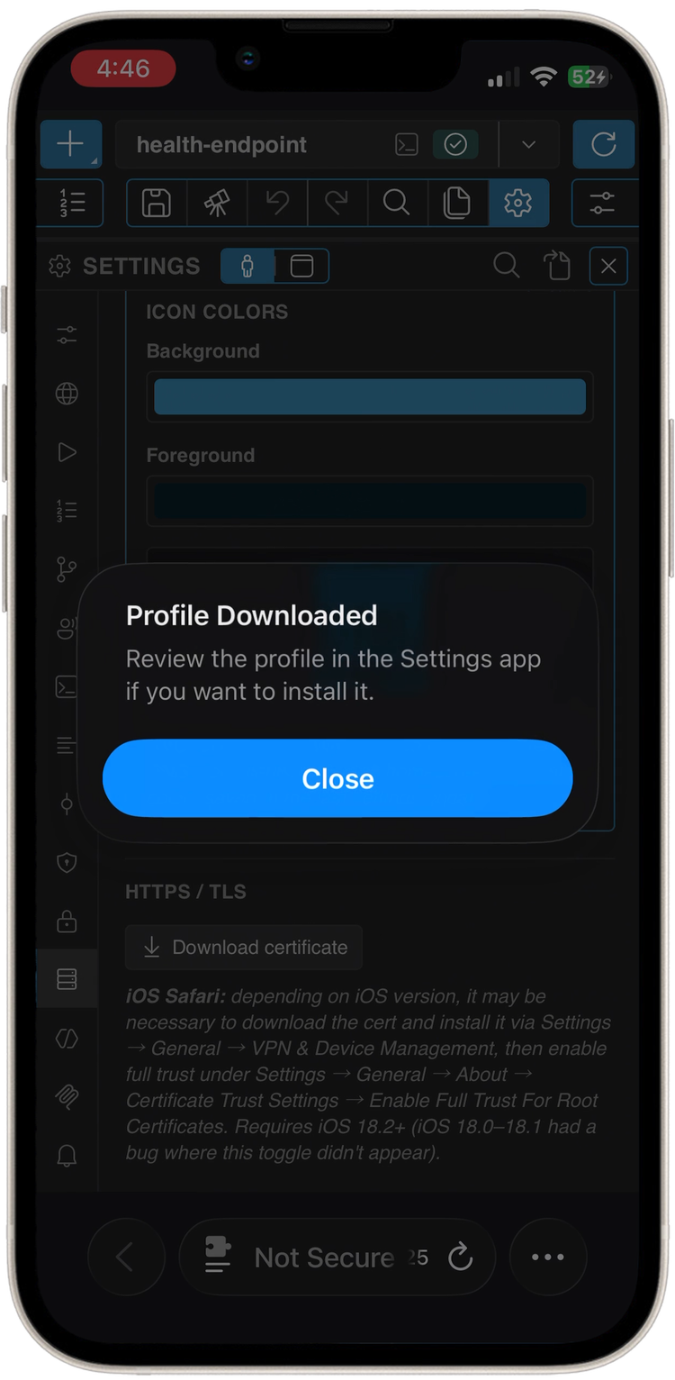 Profile Downloaded message with a Close button
