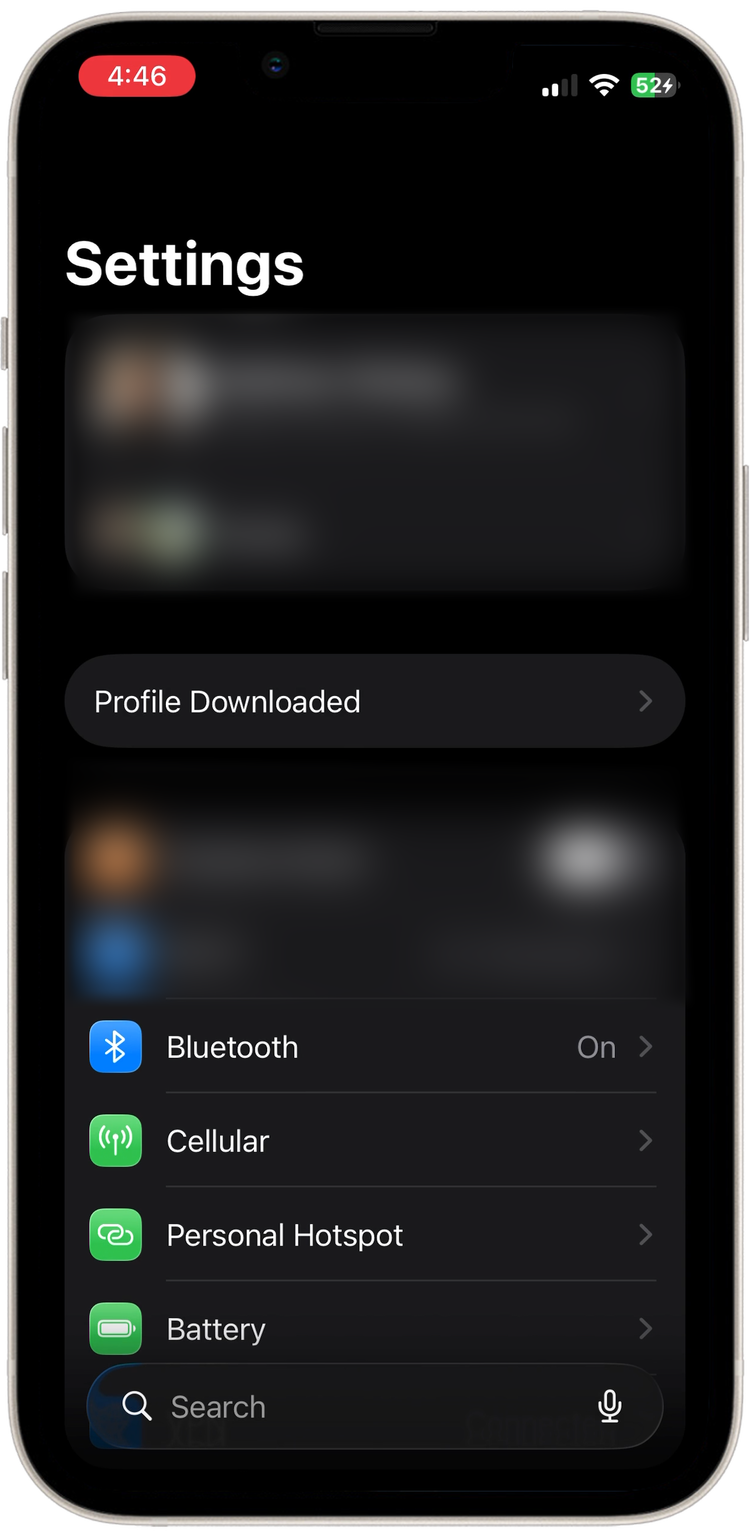 Settings app with the Profile Downloaded row near the top