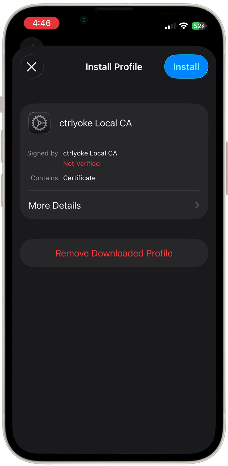 Install Profile screen for ctrlyoke Local CA