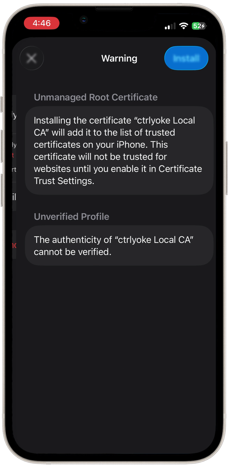 Unmanaged root certificate warning with an Install button