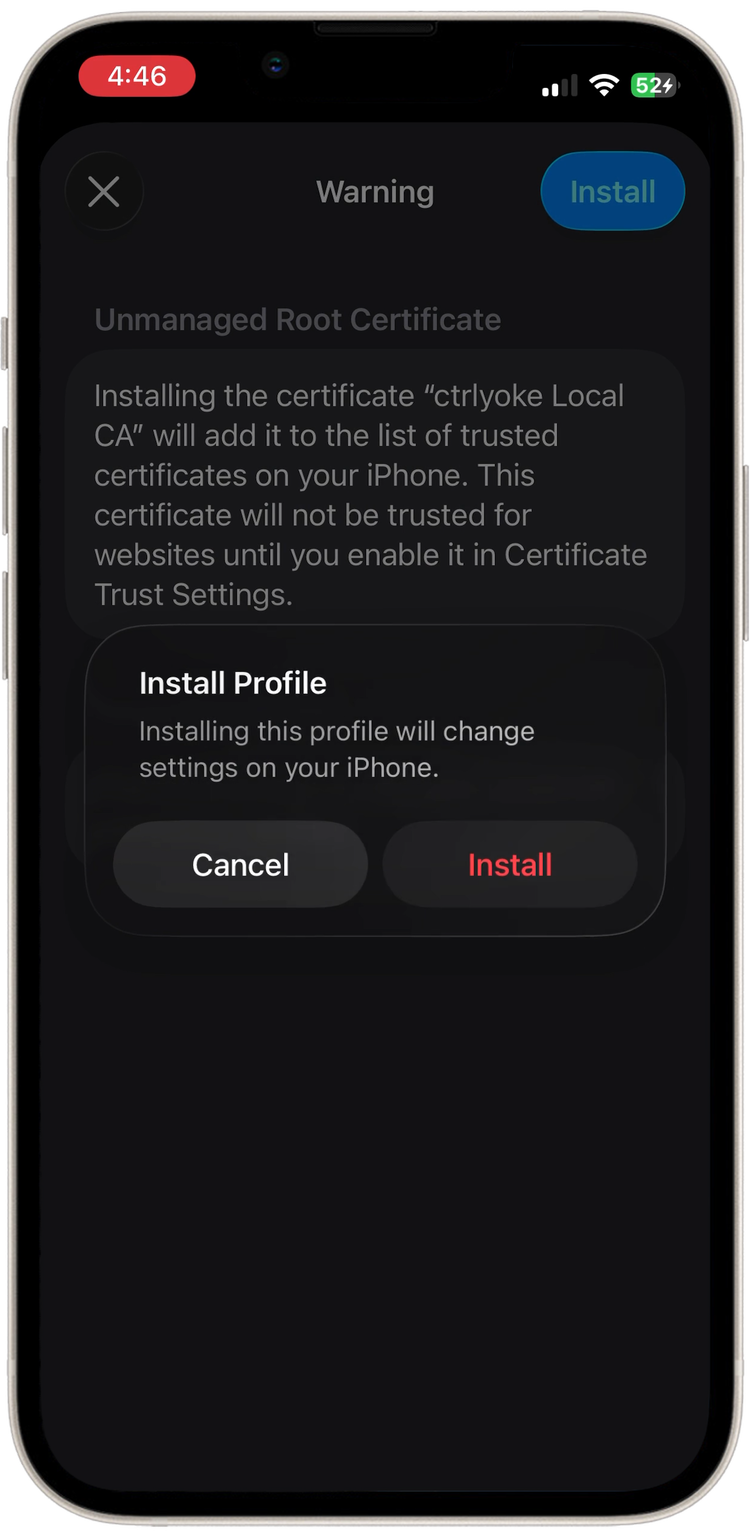 Confirmation sheet with an Install button