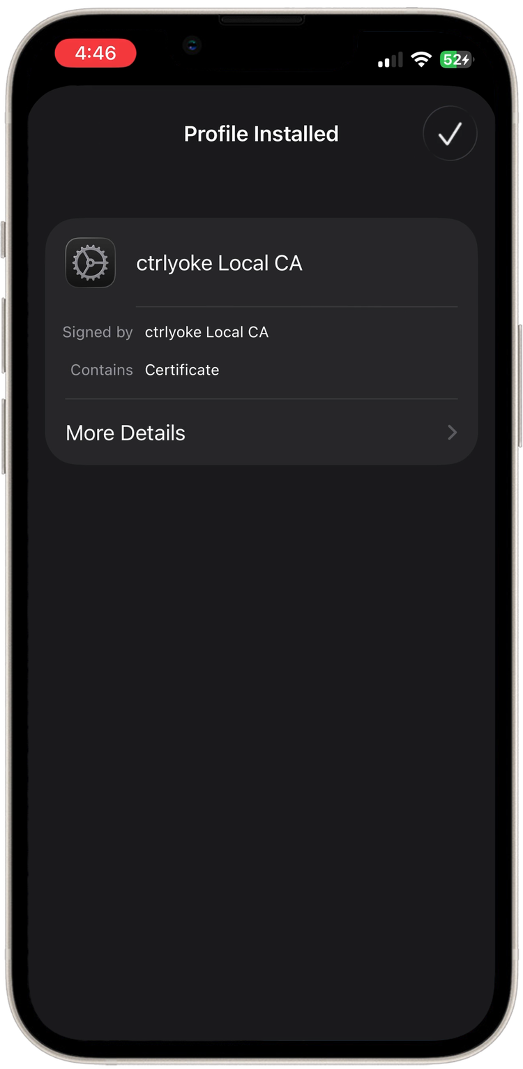 Profile Installed screen