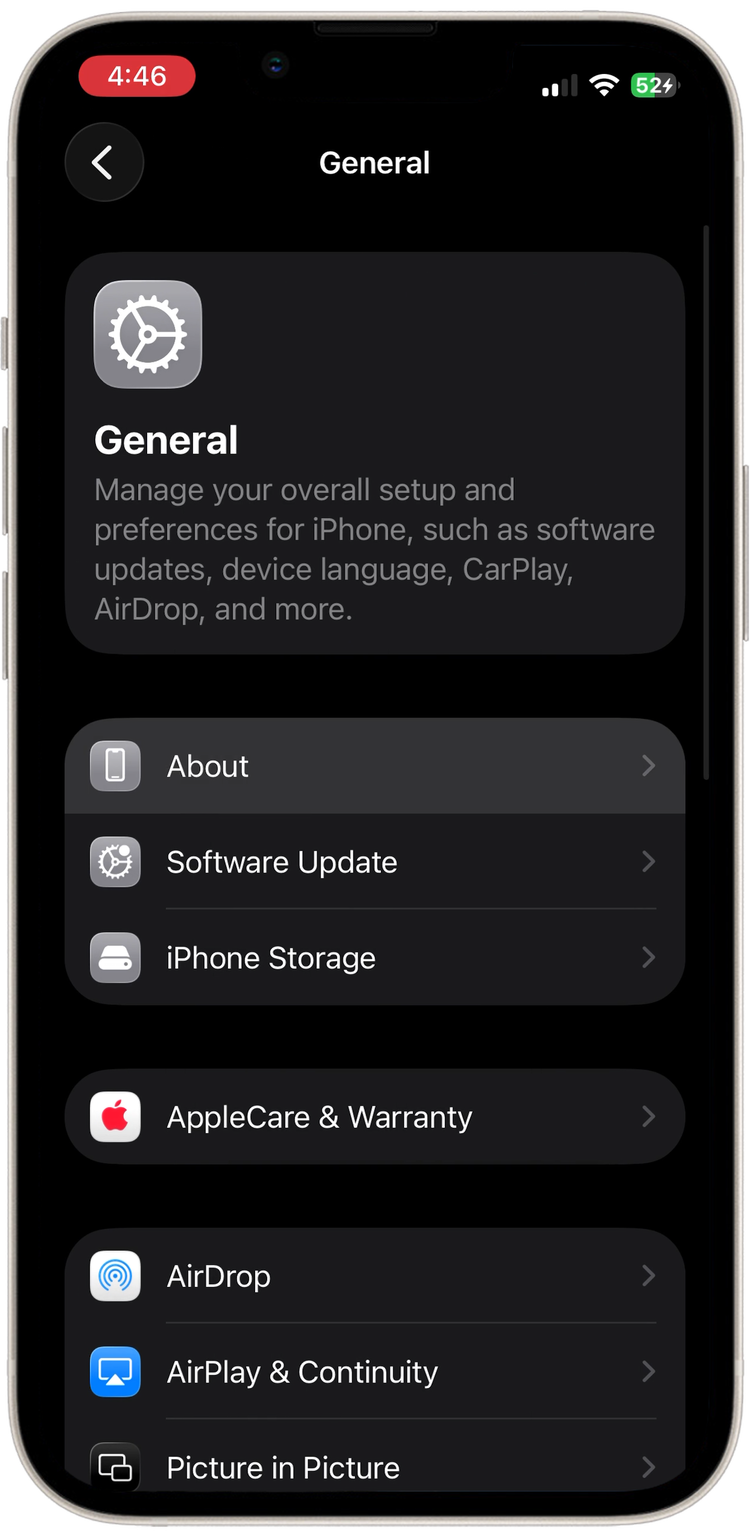 Settings, General, with About highlighted