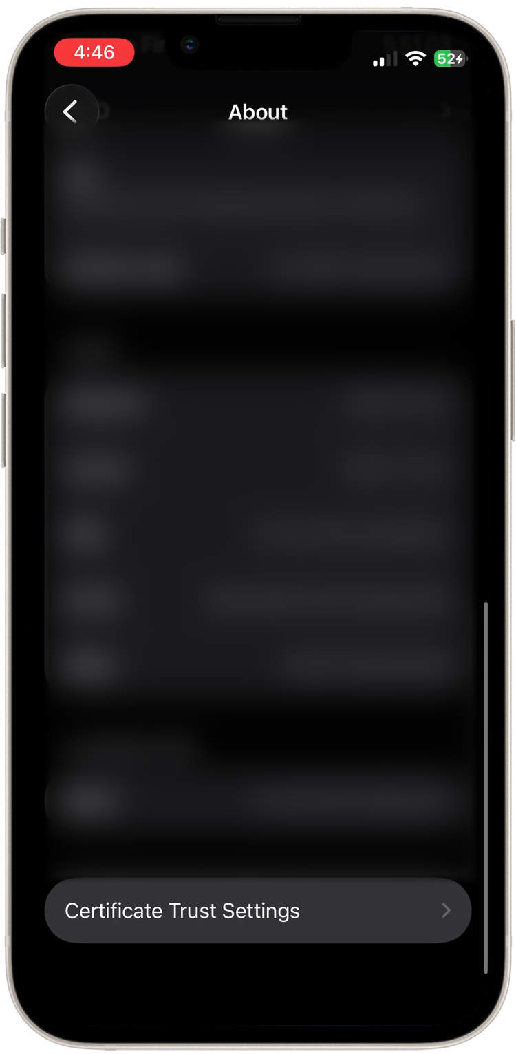 The About screen scrolled to Certificate Trust Settings