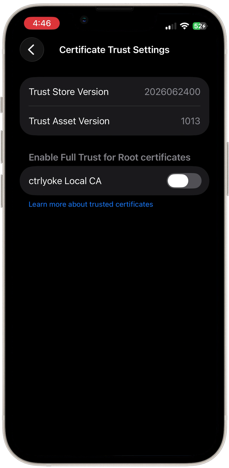 Certificate Trust Settings with the ctrlyoke Local CA switch off