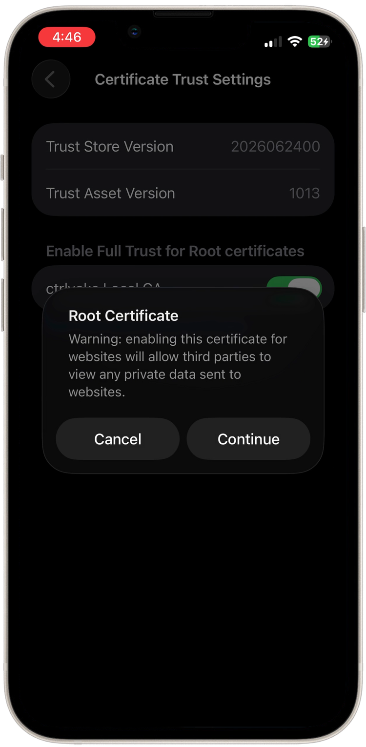 Root certificate warning with a Continue button