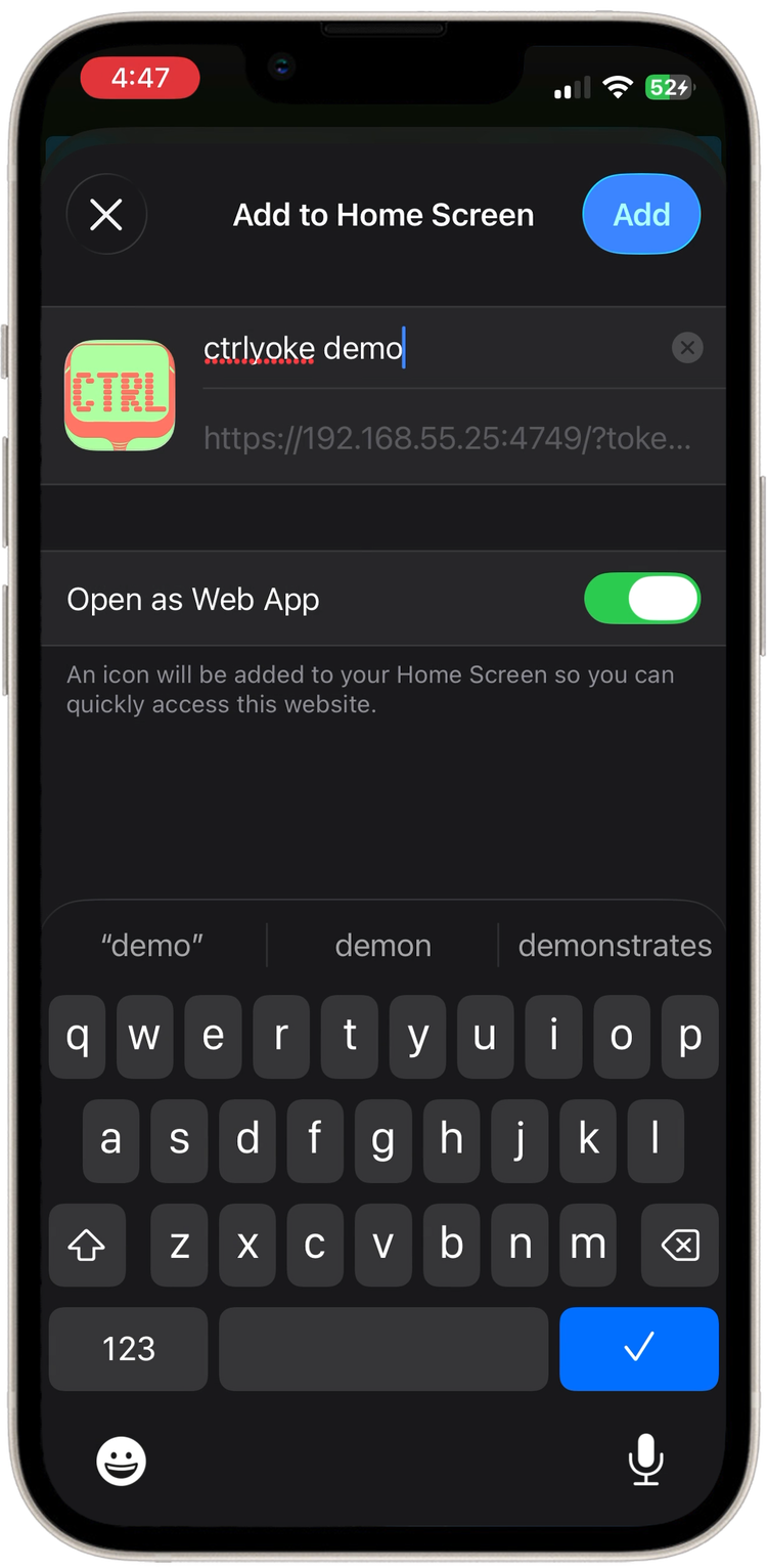 Add to Home Screen with the app name and Open as Web App switched on