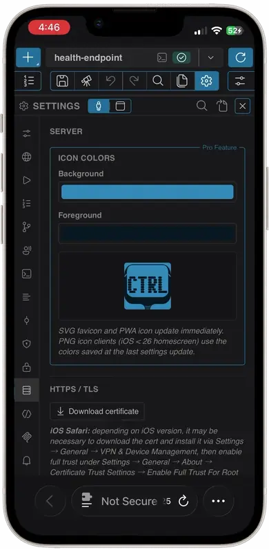 Animated walkthrough of the iPhone setup, from downloading the certificate to the ctrlyoke icon on the home screen