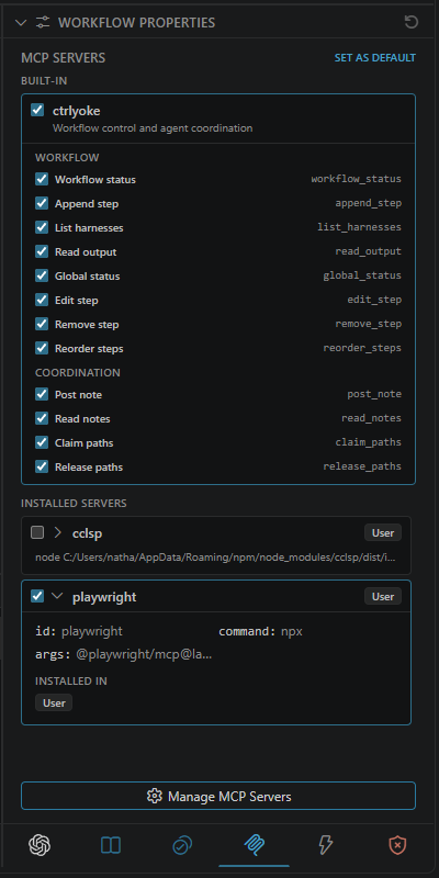 MCP tab with the built-in ctrlyoke server's tools and two installed servers