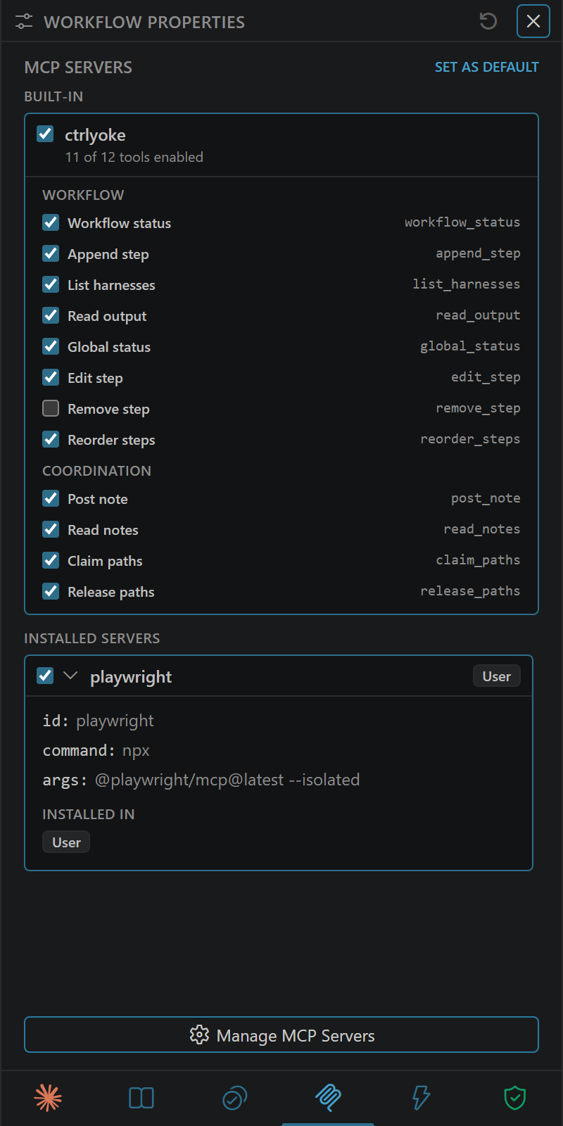 MCP tab: the built-in ctrlyoke server with 11 of 12 tools enabled (Remove step unticked), and the installed playwright server on and expanded