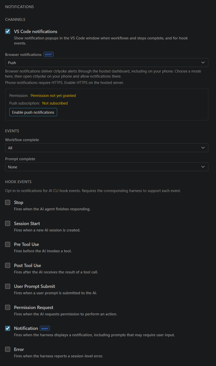 The Notifications settings tab. VS Code notifications is on, Browser notifications is set to Push with "Permission: Permission not yet granted", "Push subscription: Not subscribed" and an Enable push notifications button. Workflow complete is All and Prompt complete is None. Of the eight hook events only Notification is checked. Include workflow name and Include prompt name are on, Toast notifications is All, and Only notify when ctrlyoke is not focused is off