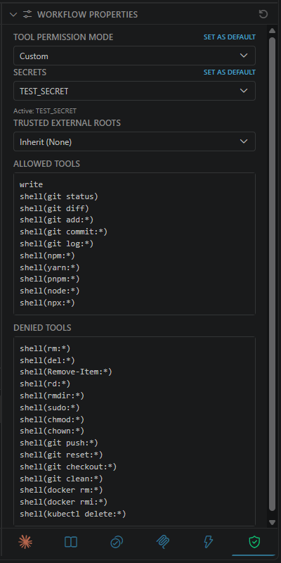 Permissions tab in Custom mode with allowed and denied tool lists