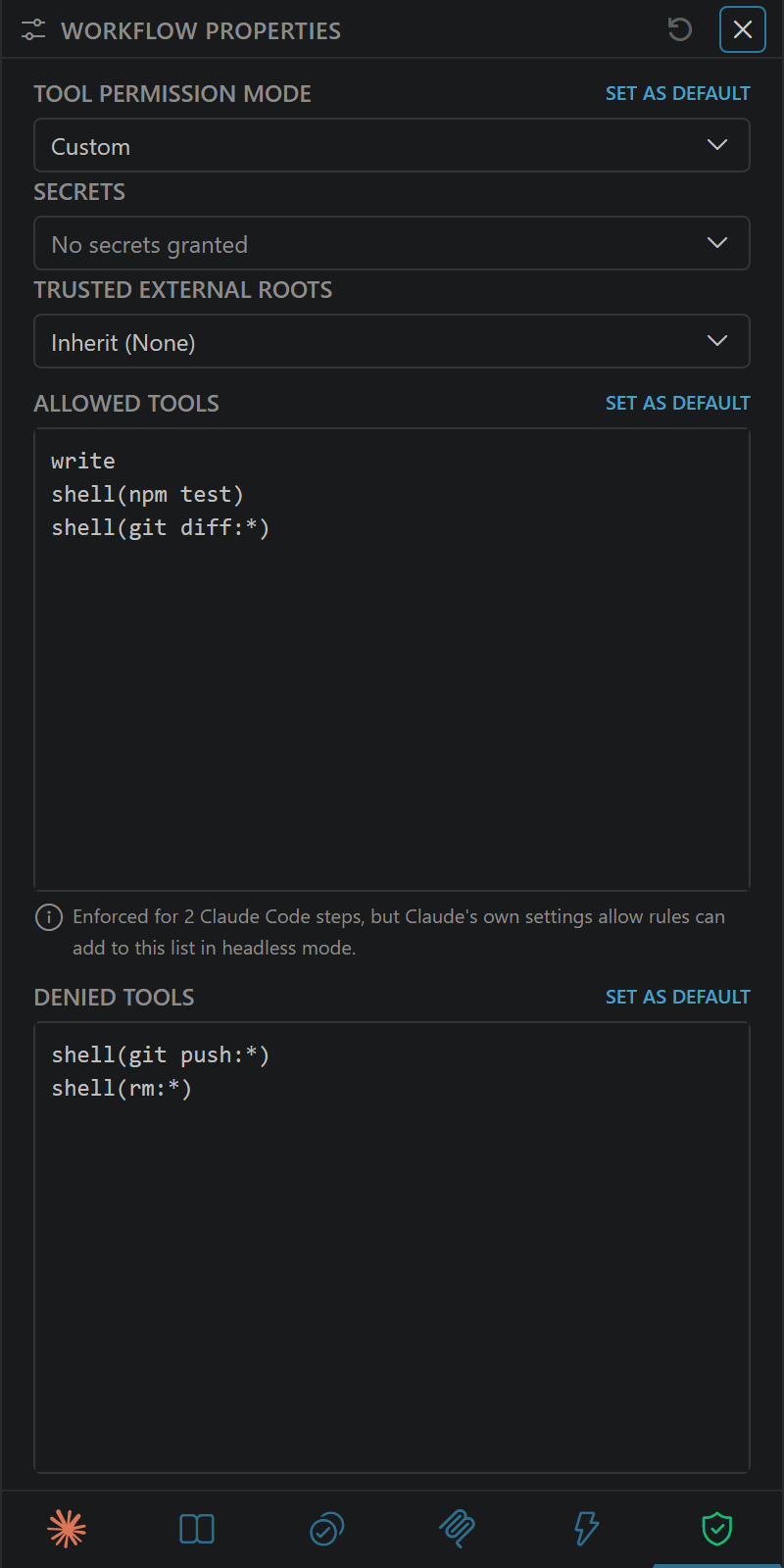 Permissions tab in Custom mode with allowed and denied tool lists