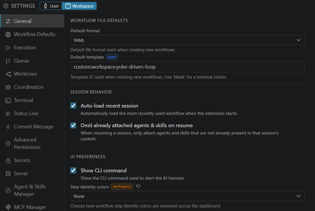 Settings on the General tab with the scope switch on Workspace: Step identity colors shows a workspace badge with its Reset button