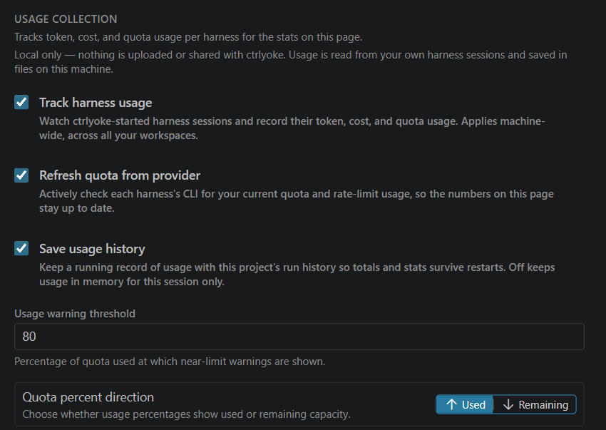 The Usage collection section: Track harness usage, Refresh quota from provider and Save usage history are all checked, Usage warning threshold is 80, and Quota percent direction is set to Used