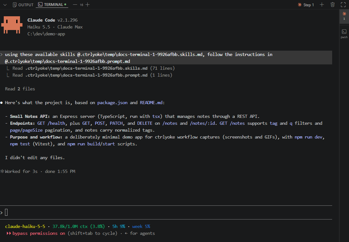 The Terminal tab showing Claude Code's own terminal UI after an interactive step answered a question about the project, with its status line at the bottom. The tab rail on the right lists the step's AI terminal, marked with the Claude icon and step number 1, and a pwsh shell