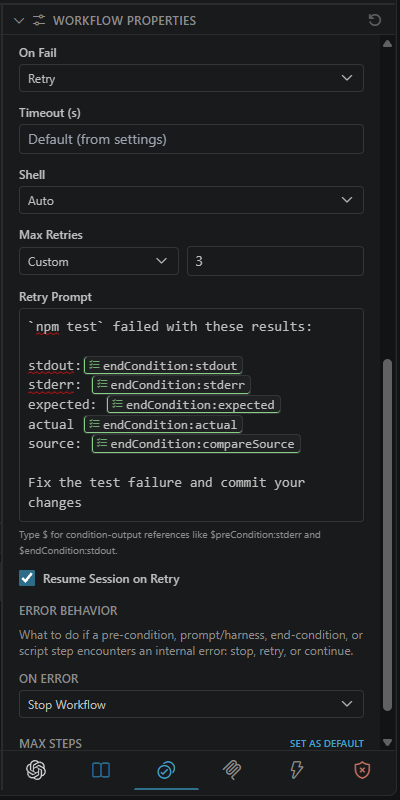 Validation tab retry settings with a retry prompt that references the end condition's output
