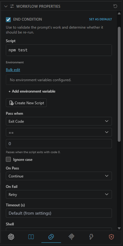 Validation tab with an npm test end condition that passes on exit code 0