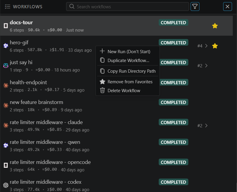The Workflows menu with two starred favorites at the top, #N run counts, and the right-click menu open on one row showing New Run (Don't Start), Duplicate Workflow…, Copy Run Directory Path, Remove from Favorites and Delete Workflow