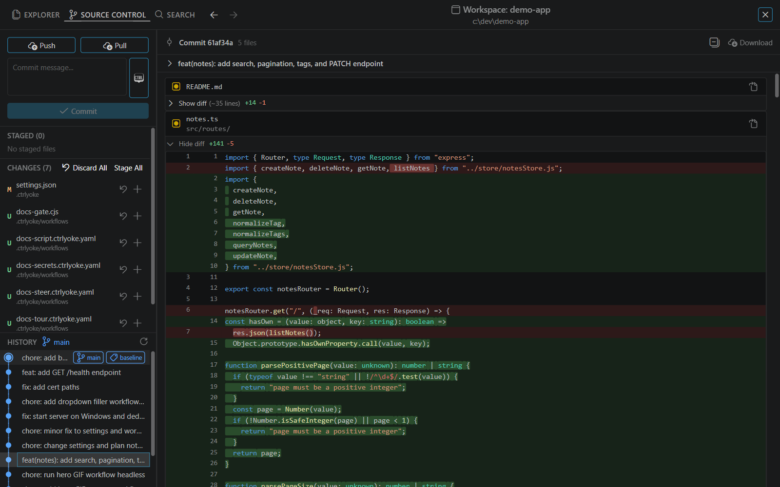 A commit opened from History: Commit 61af34a with 5 files and Download, the commit message, README.md collapsed and notes.ts expanded as a side-by-side diff