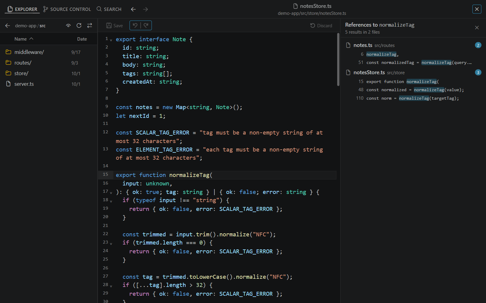The Explorer tab with the src folder listed on the left, notesStore.ts open in the editor, and a References to normalizeTag panel on the right listing five results in two files