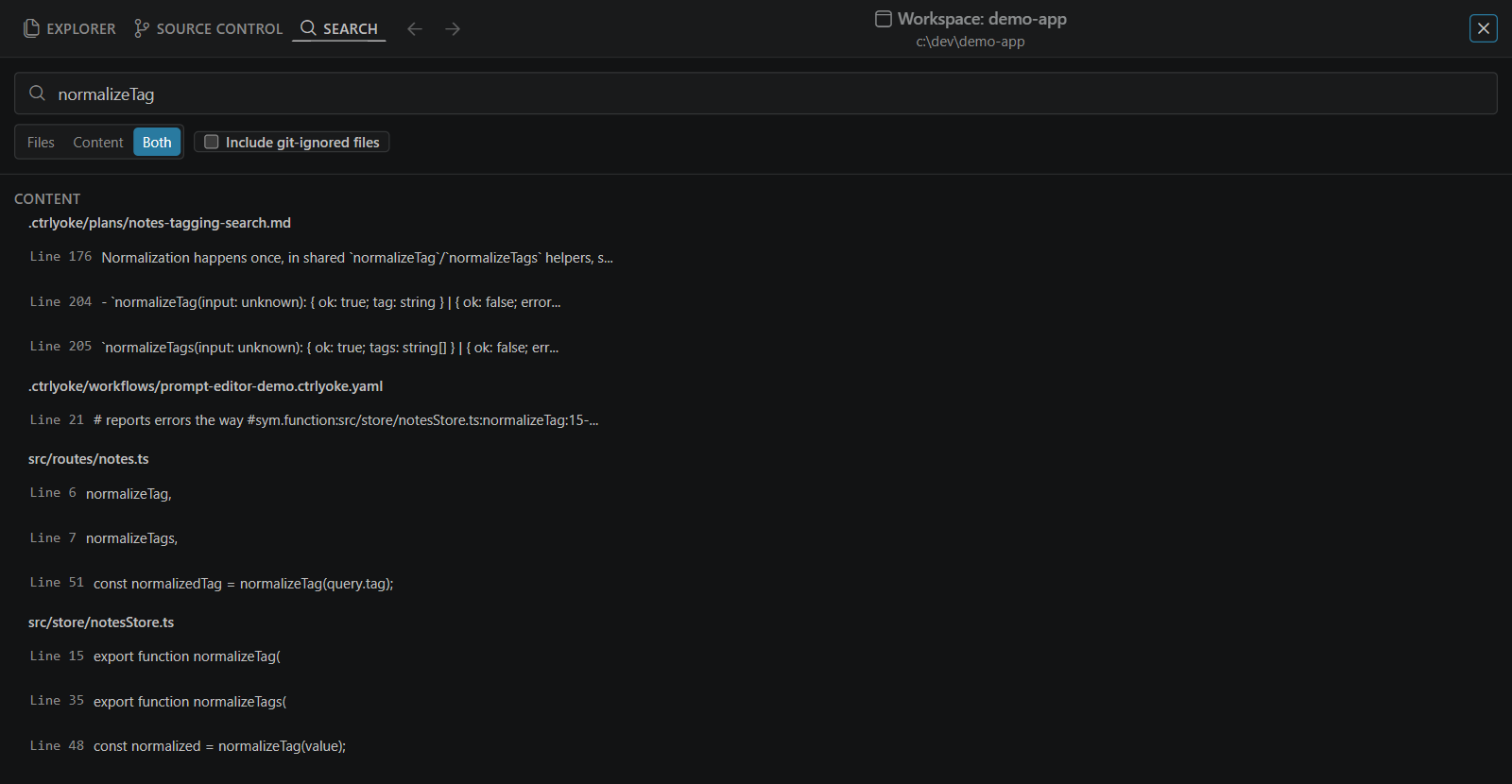 The Search tab with the query normalizeTag, the Files, Content and Both scope buttons, Include git-ignored files unticked, and content matches grouped by file with line numbers