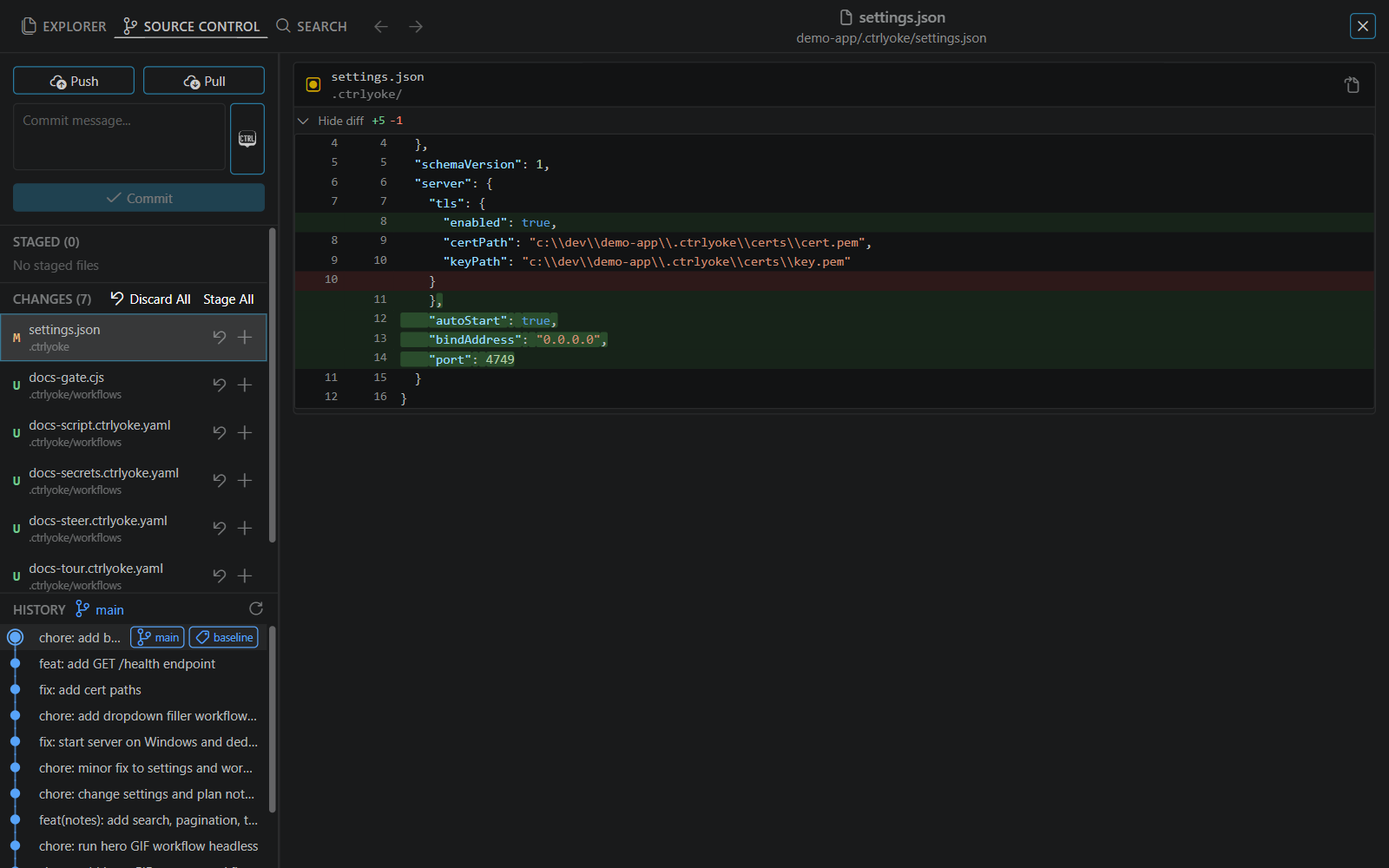 The browser dashboard's Source Control pane: changed files, a diff, the commit box, and the commit history graph